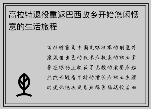 高拉特退役重返巴西故乡开始悠闲惬意的生活旅程